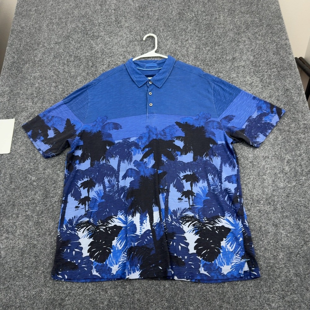 Tommy Bahama Polo Men XXL Blue Pima Cotton Palm Tree Print Tropical Beach Casual